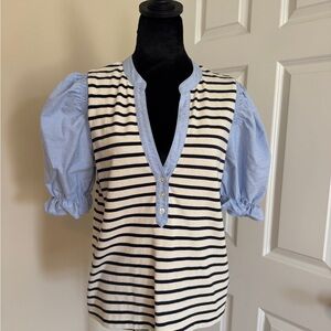 Veronica Beard Striped Knit Top with Light Blue Oxford Puff Sleeves Size Small